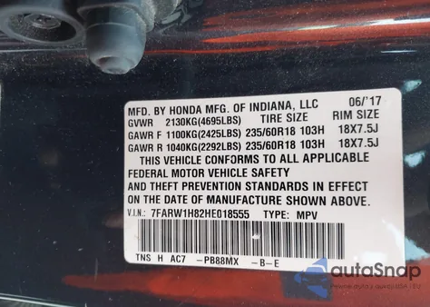 2017 Honda Cr-V Ex-L/Ex-L Navi from USA, damaged, VIN 7FARW1H82HE018555